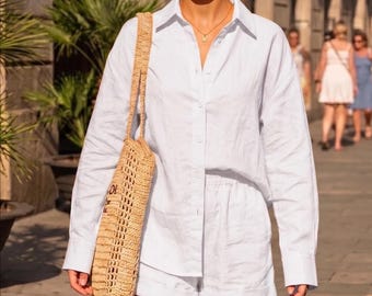 Damset med bomullsshorts, överdimensionerad skjorta och shorts med dragsko, avslappnad sommarlounge-outfit, 2-delat set