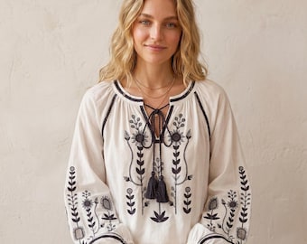 Boho Broderad Blus Dam, Bomullslinne Etnisk Topp, Vintage Blommig Skjorta, Rund Hals Långärmad Bohemisk Tunika