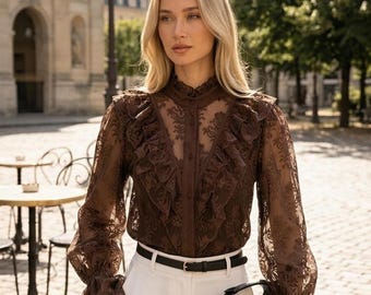 Spetsblus med volang, damer, transparent, långärmad, vintage-blommig, nättopp, elegant, sommarblus, vit, beige, kaffe