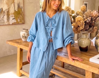 Bomull Tvådelat Set Dam Matchande Kjol Set Knytband Fram Topp Maxi Kjol Outfit Sommar Semester Resort Kläder