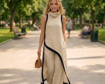 Tvådelat set för kvinnor, ärmlös tunika och vida byxor, matchande outfit, avslappnad och elegant sommarloungeset