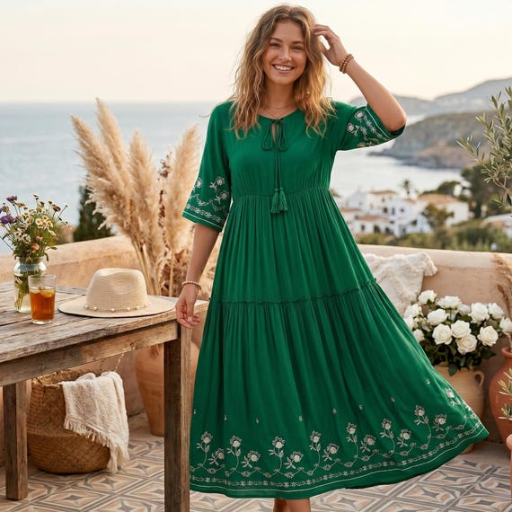 Ethnic Embroidered Dress for Women – Bohemian Summer Midi Dress, Loose Cotton Blend Casual Folk Outfit, One Size