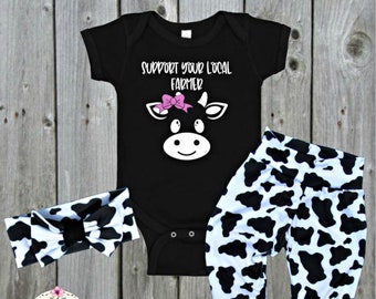 Support your local farmer baby girl outfit/baby girl newborn set/cow print leggings/ Infant/toddler cow print outfit