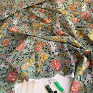 May include: A sage green fabric featuring a repeating floral pattern in shades of pink, orange, and yellow. The textile is draped to show folds and texture. Included are two spools of thread in dark green and bright green, and one small black button.