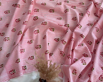 Hand Block Print Pink Floral Stripe Cotton Fabric by Yard, Indian Cotton Fabric, Floral Dressmaking Quilting Craft Fabric