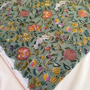Sage Green Floral Hand Block Print Cotton, Indian Botanical Print Fabric by Yard, Jaipur Handprint Dressmaking Fabric image 5