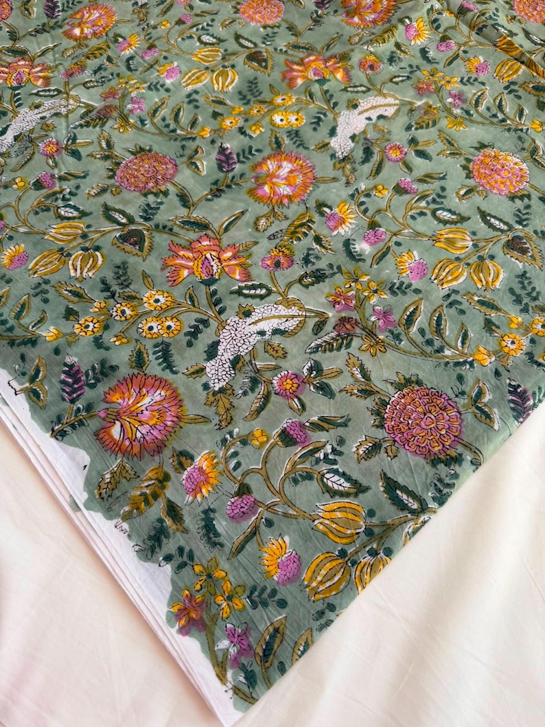 Sage Green Floral Hand Block Print Cotton, Indian Botanical Print Fabric by Yard, Jaipur Handprint Dressmaking Fabric image 5