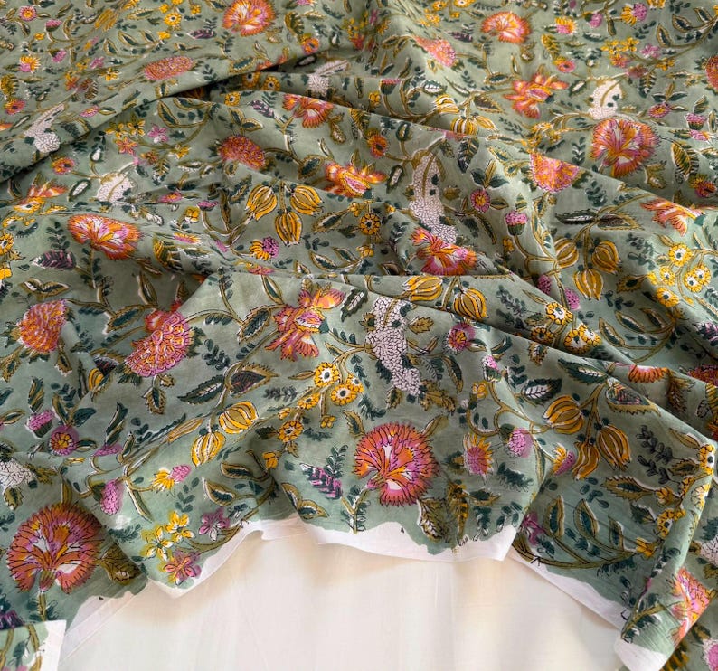 Sage Green Floral Hand Block Print Cotton, Indian Botanical Print Fabric by Yard, Jaipur Handprint Dressmaking Fabric image 7