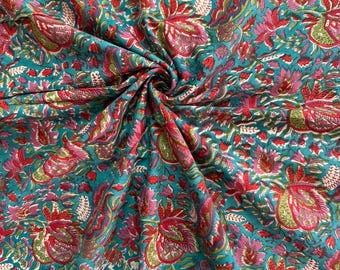 Teal Paisley Hand Block Print Cotton Fabric, Floral Indian Fabric by Yard, Boho Botanical Textile, Sewing Quilting Material