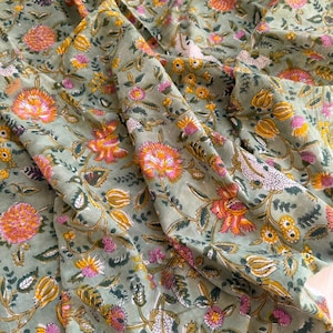 Sage Green Floral Hand Block Print Cotton, Indian Botanical Print Fabric by Yard, Jaipur Handprint Dressmaking Fabric image 15