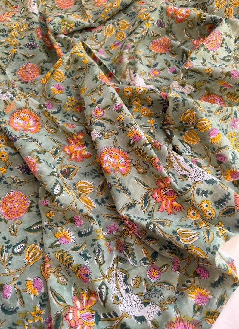 Sage Green Floral Hand Block Print Cotton, Indian Botanical Print Fabric by Yard, Jaipur Handprint Dressmaking Fabric image 15