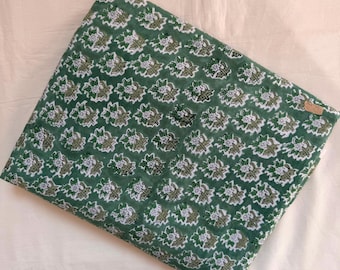 Green Hand Block Print Cotton Fabric by Yard, Floral Indian Fabric, Soft Cotton Dress Material, Quilting Sewing Craft Textile