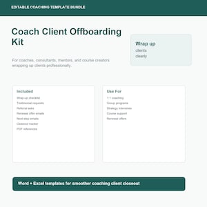 May include: A teal and white coaching template bundle titled "Coach Client Offboarding Kit." The kit includes a wrap-up checklist, testimonial requests, and referral asks. It is designed for coaches, consultants, and course creators.