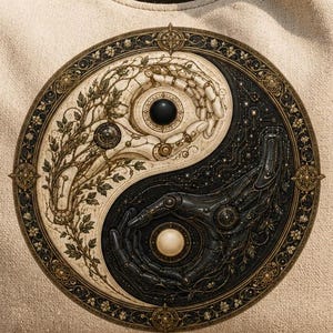 May include: A beige canvas hobo bag featuring a circular yin and yang graphic on the front. The design depicts two hands forming the symbol, with one side showing intricate foliage and the other a dark, starry texture. A tassel charm hangs from the side.