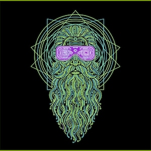 May include: A digital illustration of a bearded figure wearing purple futuristic goggles. The design features intricate neon green circuit board patterns forming the hair and beard, set against a black background with geometric circular lines.