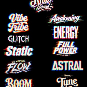 Pacote com 11 imagens SVG de tipografia psicodélica | Gráficos retrô glitch RGB para camisetas (Download digital)