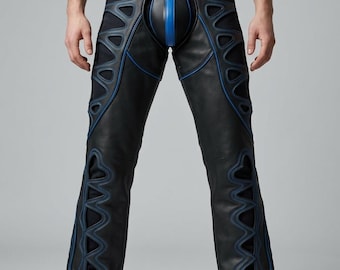 Herren Cutout Leder Chaps mit Codpiece & blauen Nähten | Bikerausrüstung