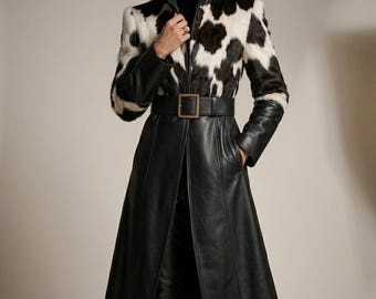 Gabardina de piel de vaca y cuero para mujer, larga con cinturón, prenda de abrigo llamativa.