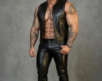 Conjunto de chaleco y pantalón ajustado de cuero negro para hombre, estilo motero - Piel de vacuno de grano completo