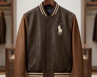 Chaqueta universitaria de cuero marrón / Bomber vintage de Polo Ralph Lauren