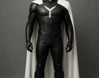 Disfraz de superhéroe para hombre, traje táctico negro, traje con capa blanca.