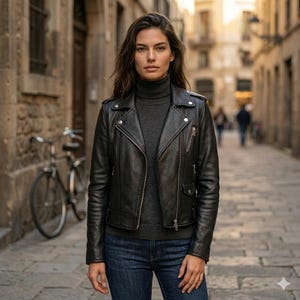 Puede incluir: Chaqueta de cuero negra estilo biker con cuello de solapa y cremallera asimétrica. Se lleva sobre un jersey de cuello alto gris y con vaqueros azules. El fondo muestra una calle europea.