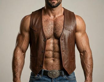 Atuendo vaquero sexy para hombre: chaleco de cuero, jeans, sombrero y hebilla de cinturón Longhorn