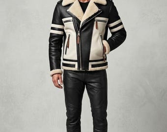 Traje completo de lujo para hombre en piel de oveja bicolor, chaqueta de aviador estilo motero y pantalón de cuero flexible.