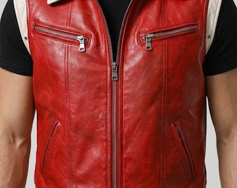 Chaleco de cuero rojo para hombre estilo motero - Cuello con ribete blanco - Chaleco de motociclista estilo punk