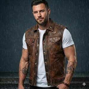 Peut inclure: Gilet en cuir marron avec fermeture boutonnée, deux poches de poitrine et un col. Le gilet a une finition vieillie et est orné de petits clous métalliques et d'une épingle décorative. Le modèle porte un t-shirt blanc en dessous.