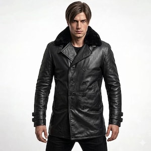 Peut inclure: Manteau en cuir noir à double boutonnage avec col en fausse fourrure noire. Le manteau a deux rangées de boutons, deux poches avant et des sangles réglables aux manches. Vêtement d'extérieur classique et élégant.