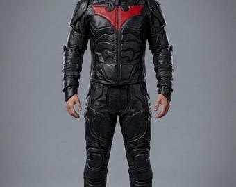Disfraz de Batman Beyond para hombre, traje táctico de cuero, armadura con emblema rojo.