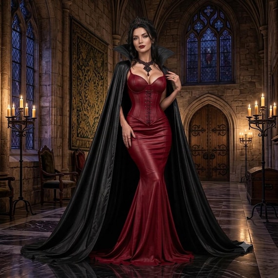 sexy red leather corset dress Faux Vampire Costume Gown, Goth Dress, High Collar Cloak Set Faux Corset Waist