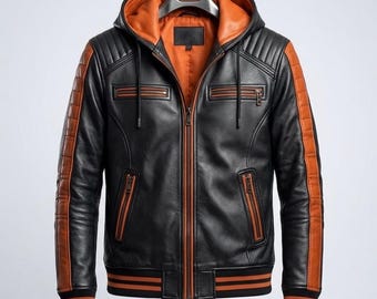 Chaqueta bomber de cuero con capucha para hombre / Abrigo de motociclista negro y naranja, chaqueta de invierno