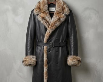 Gabardina de cuero negro para hombre / Chaqueta de invierno de lujo con ribete de piel sintética