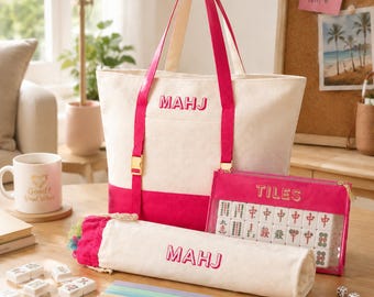 American Mahjong Bag Set,MAHJ Canvas Tote Bag with Tile Storage Pouch & Rack Bag,Portable Mahjong Game Organizer,Mahjong Player Gift