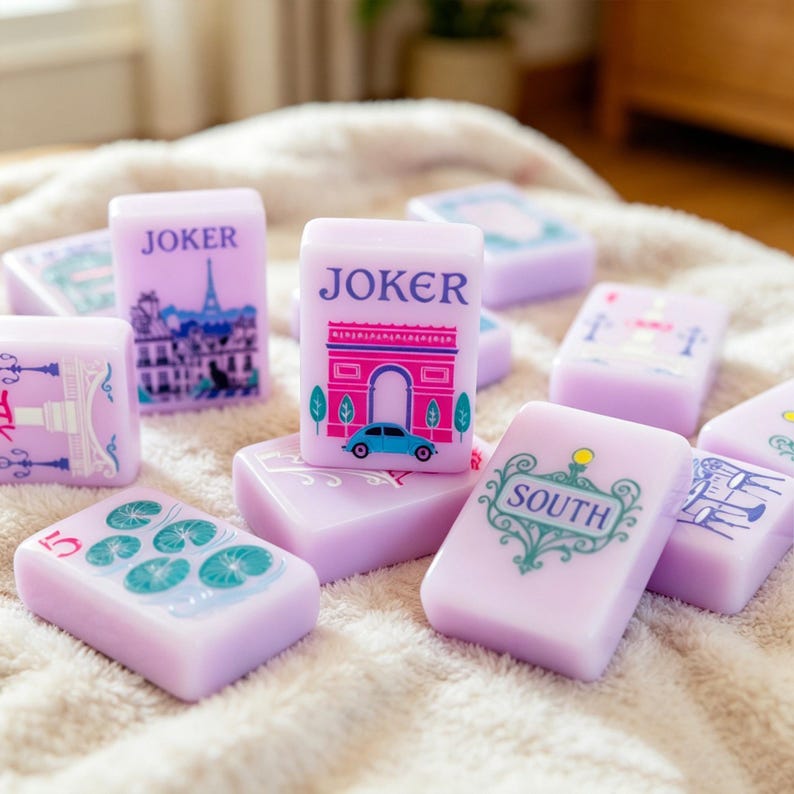 May include: A collection of light purple rectangular mahjong tiles featuring various illustrations including the Eiffel Tower, the Arc de Triomphe with a blue car, the word JOKER, the word SOUTH in a decorative frame, and a green five-dot pattern.
