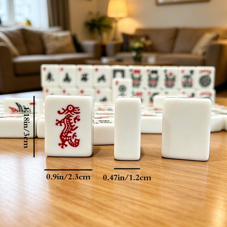 May include: A set of white mahjong tiles with red and black ink designs, including a red dragon tile. The tiles measure 1.18 inches in height, 0.9 inches in width, and 0.47 inches in depth, as indicated by the black measurement lines on the image.