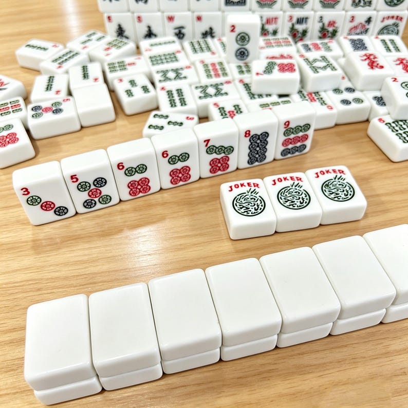 May include: A set of white Mahjong tiles featuring various green, red, and black engraved symbols, numbers, and characters. Several tiles are arranged in rows, including tiles labeled with numbers three through nine and three tiles marked JOKER.
