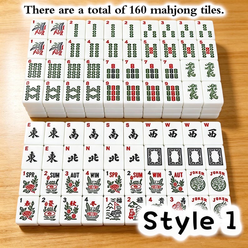 May include: A set of 160 white mahjong tiles arranged in rows, featuring various red, green, and black printed symbols, numbers, and characters. The tiles include suits, winds, seasons, and joker tiles, with the text There are a total of 160 mahjong tiles and Style 1 visible.