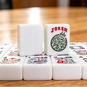 May include: A set of white rectangular Mahjong tiles with rounded edges. One tile features the red text JOKER above a green circular graphic with intricate line patterns. Other tiles display various red and green illustrations and numbers.