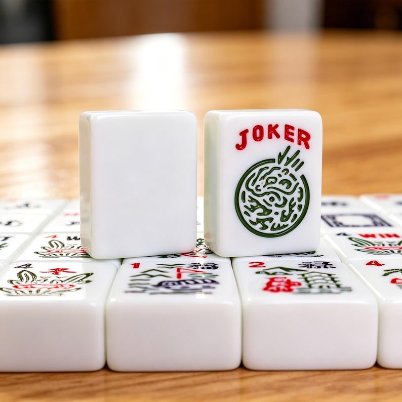 May include: A set of white rectangular Mahjong tiles with rounded edges. One tile features the red text JOKER above a green circular graphic with intricate line patterns. Other tiles display various red and green illustrations and numbers.