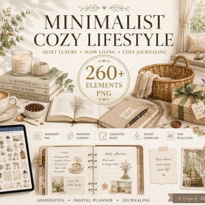 Puede incluir: Un conjunto de diseño gráfico digital titulado MINIMALIST COZY LIFESTYLE con más de 260 elementos PNG. La imagen muestra una colección de artículos de estilo de vida acogedor, incluyendo una prensa de café, libros, una cesta de mimbre y una tableta digital.