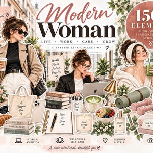 Über 150 moderne Aquarell-Lifestyle-Sticker für Frauen, Selbstfürsorge, Arbeit & Stadtleben, GoodNotes-Planer-PNG-Sticker
