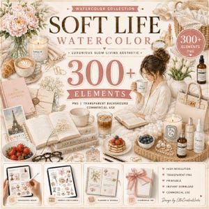 Soft Life Watercolor PNG Digital Stickers | Neutral Lifestyle Planner Elements (Digital Download)