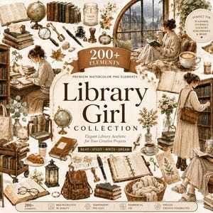 Puede incluir: Una colección digital de más de 200 ilustraciones en acuarela con elementos de temática bibliotecaria, incluyendo estanterías, globos terráqueos antiguos, máquinas de escribir, libros abiertos, herramientas de escritura y figuras leyendo.