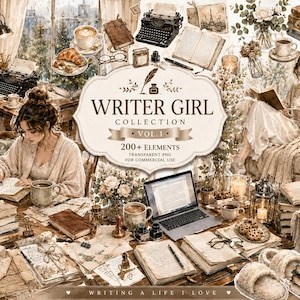 Peut inclure: Une collection numérique intitulée Writer Girl Collection Vol. 1 comprenant plus de 200 éléments PNG transparents. L'image présente des illustrations de personnes écrivant, de machines à écrire, de livres, de café, de fleurs et de papeterie.