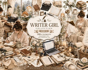 May include: A digital collection titled Writer Girl Collection Vol. 1 featuring over 200 transparent PNG elements. The image displays illustrations of people writing, vintage typewriters, books, coffee, flowers, and stationery in a warm, neutral palette.
