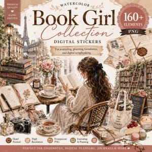 Puede incluir: Una colección de pegatinas digitales titulada Watercolor Book Girl Collection con más de 160 elementos PNG. La imagen muestra a una persona leyendo en una mesa con libros, una cámara, un bolso, un trozo de pastel e ilustraciones parisinas.