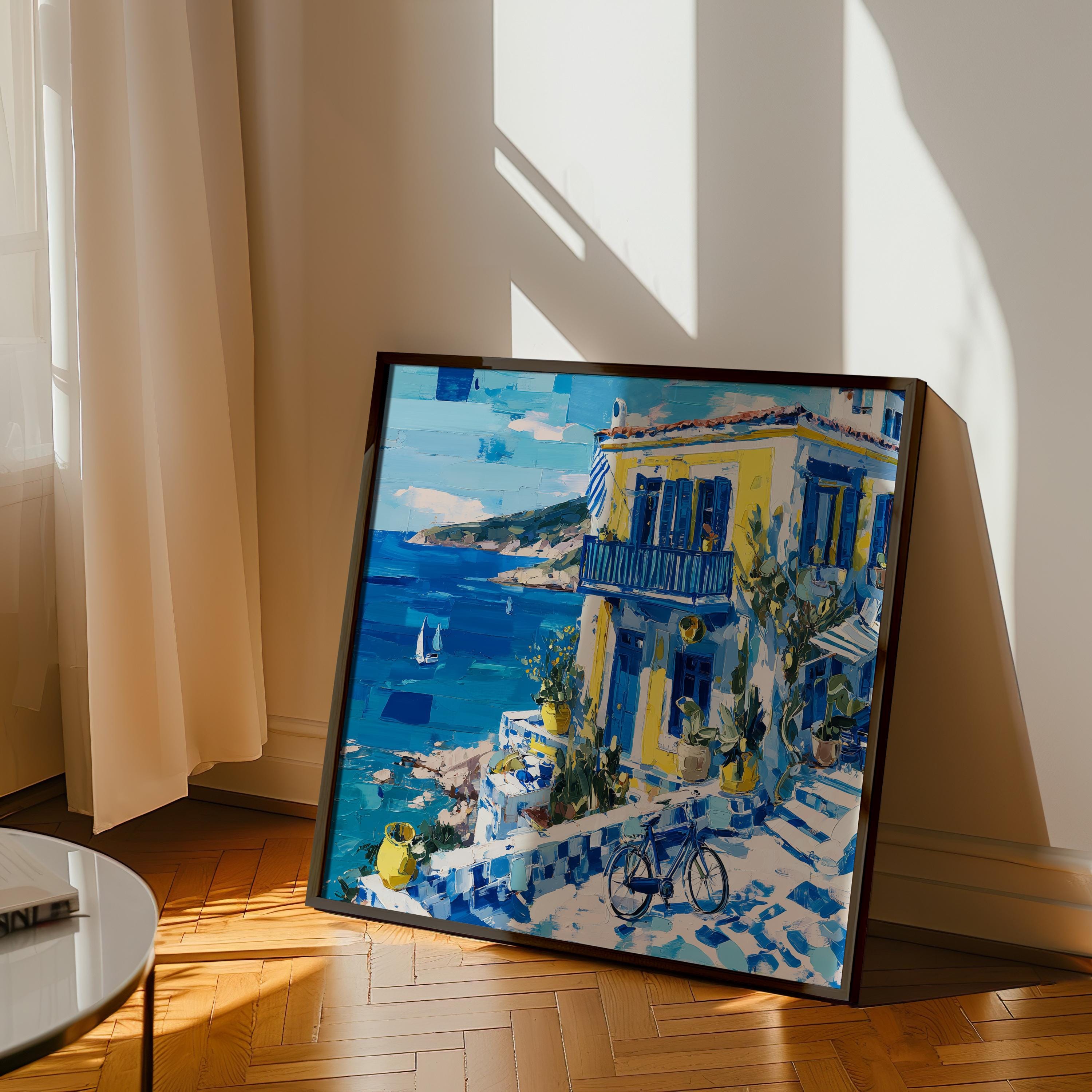 Greek Coastal House Art Print Mediterranean Sea View Wall Art Blue ...